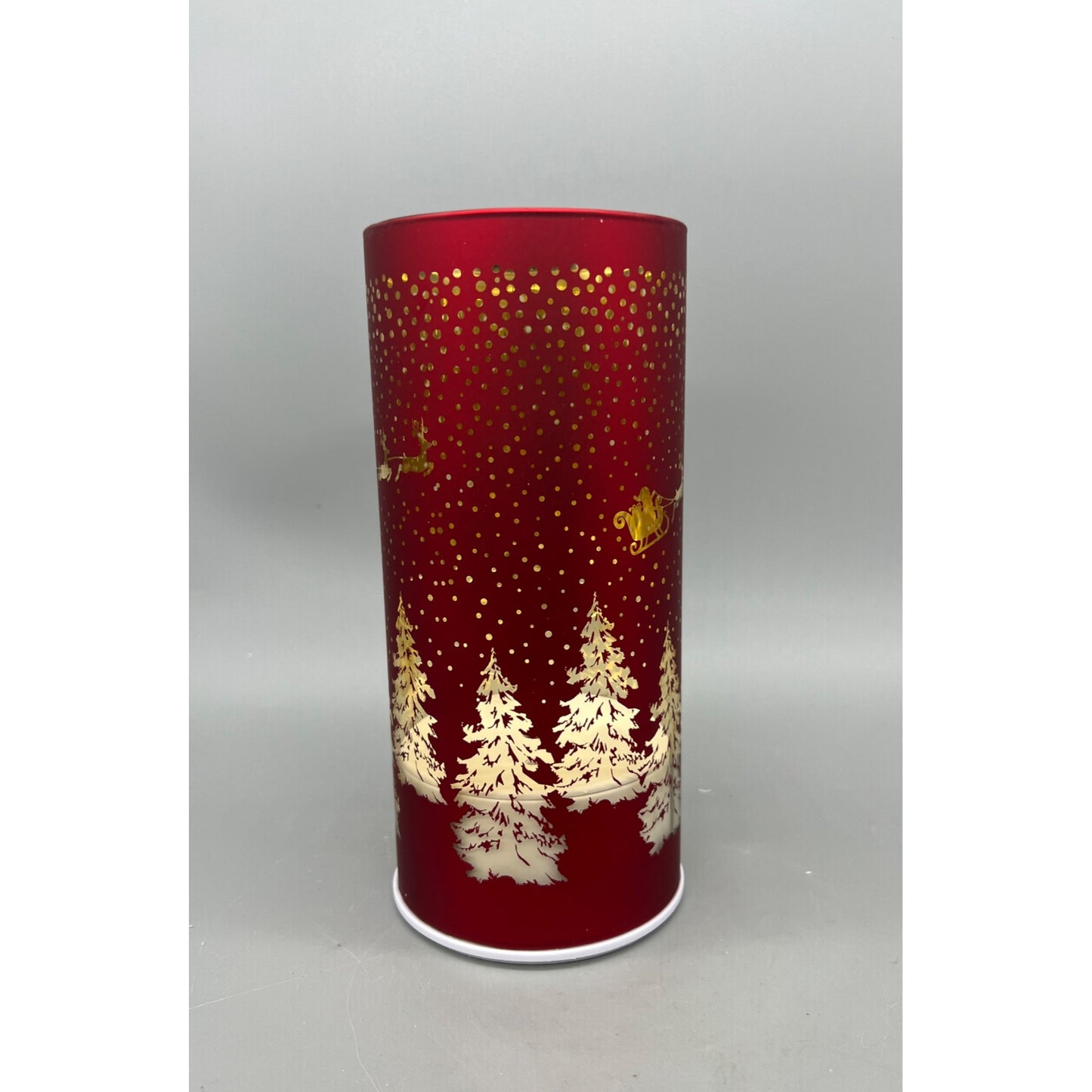 Rotating 8" LED Glass Cylinder With Laser Etched Santa Sleigh & Tree Design