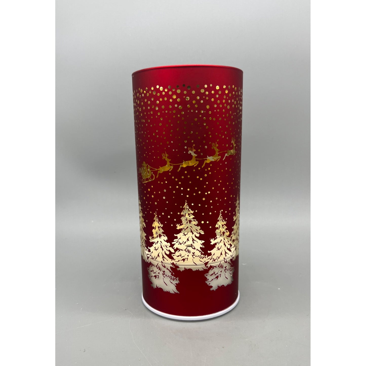 Rotating 8" LED Glass Cylinder With Laser Etched Santa Sleigh & Tree Design