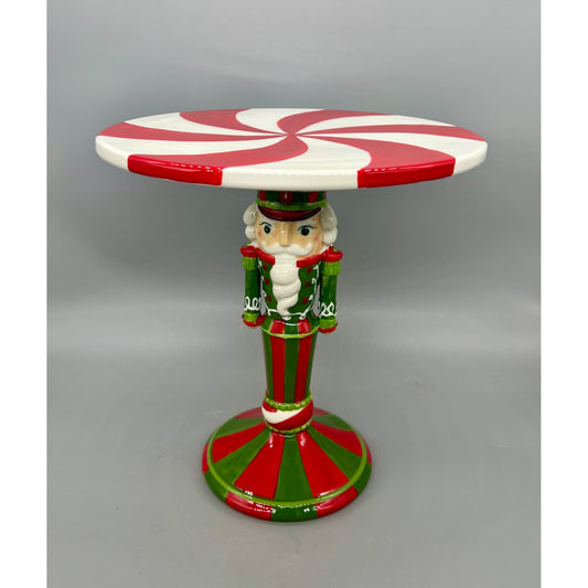 Nutcracker-Themed Ceramic Cake Stand Hand Painted With Peppermint Swirl Plate 10-Inch Diameter