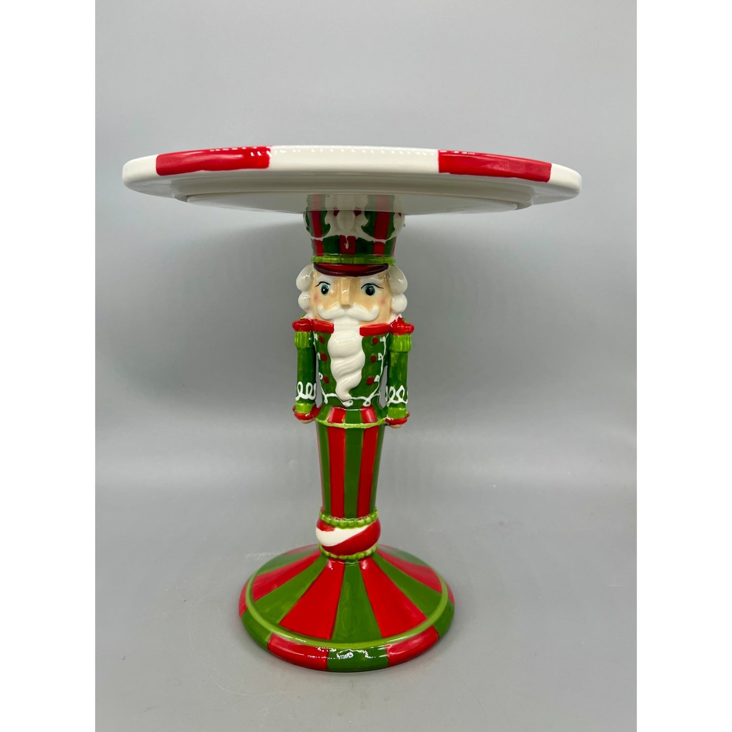 Nutcracker-Themed Ceramic Cake Stand Hand Painted With Peppermint Swirl Plate 10-Inch Diameter