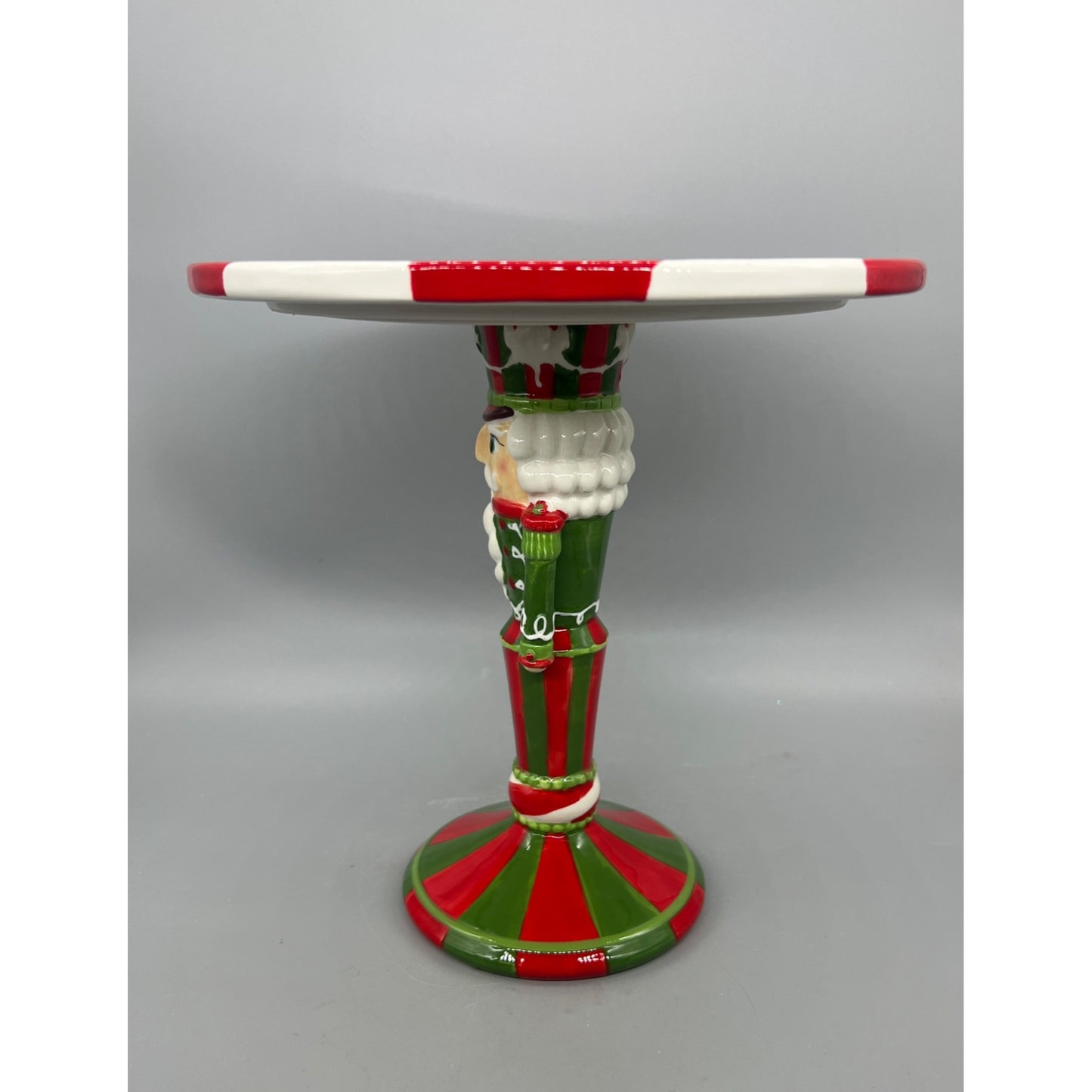 Nutcracker-Themed Ceramic Cake Stand Hand Painted With Peppermint Swirl Plate 10-Inch Diameter