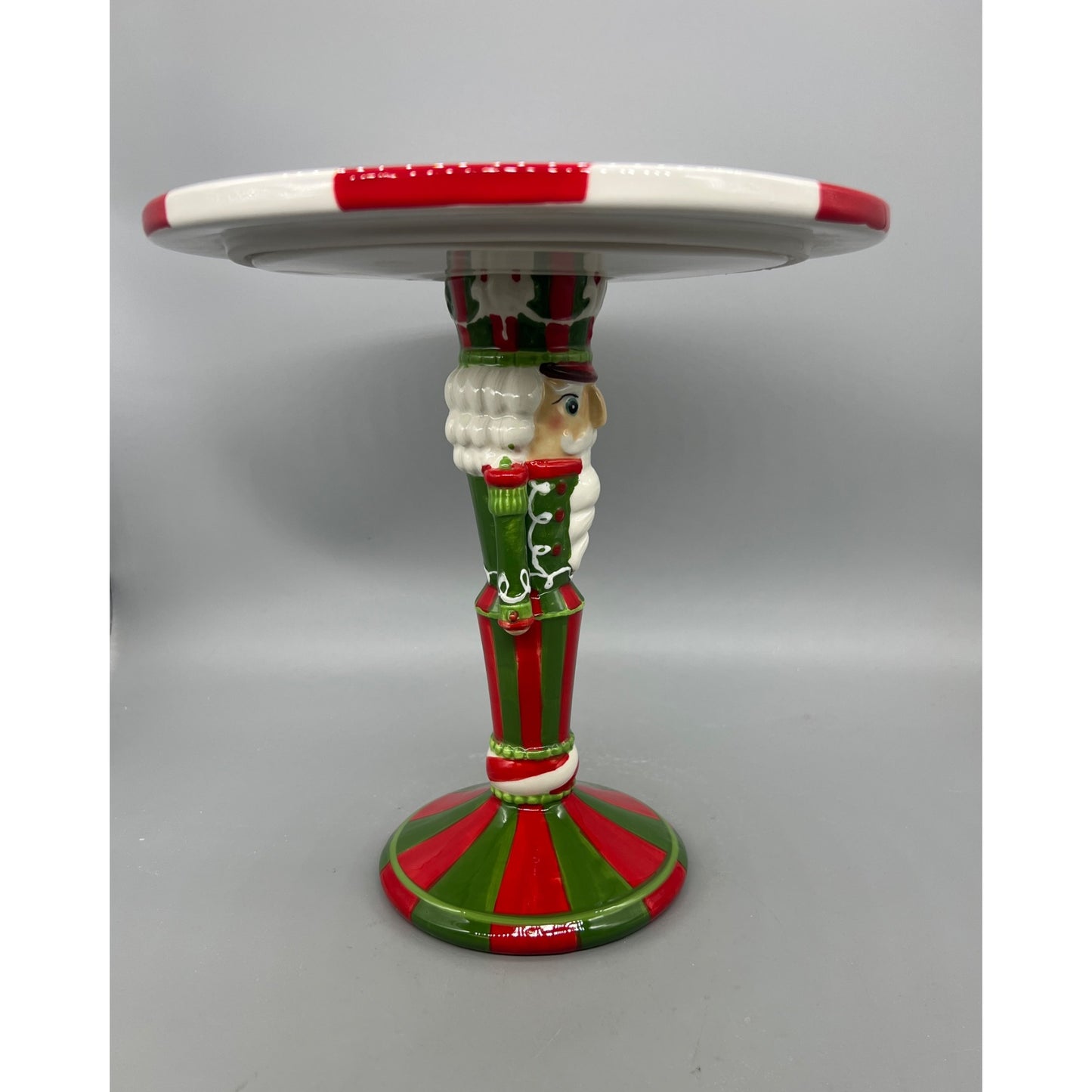 Nutcracker-Themed Ceramic Cake Stand Hand Painted With Peppermint Swirl Plate 10-Inch Diameter