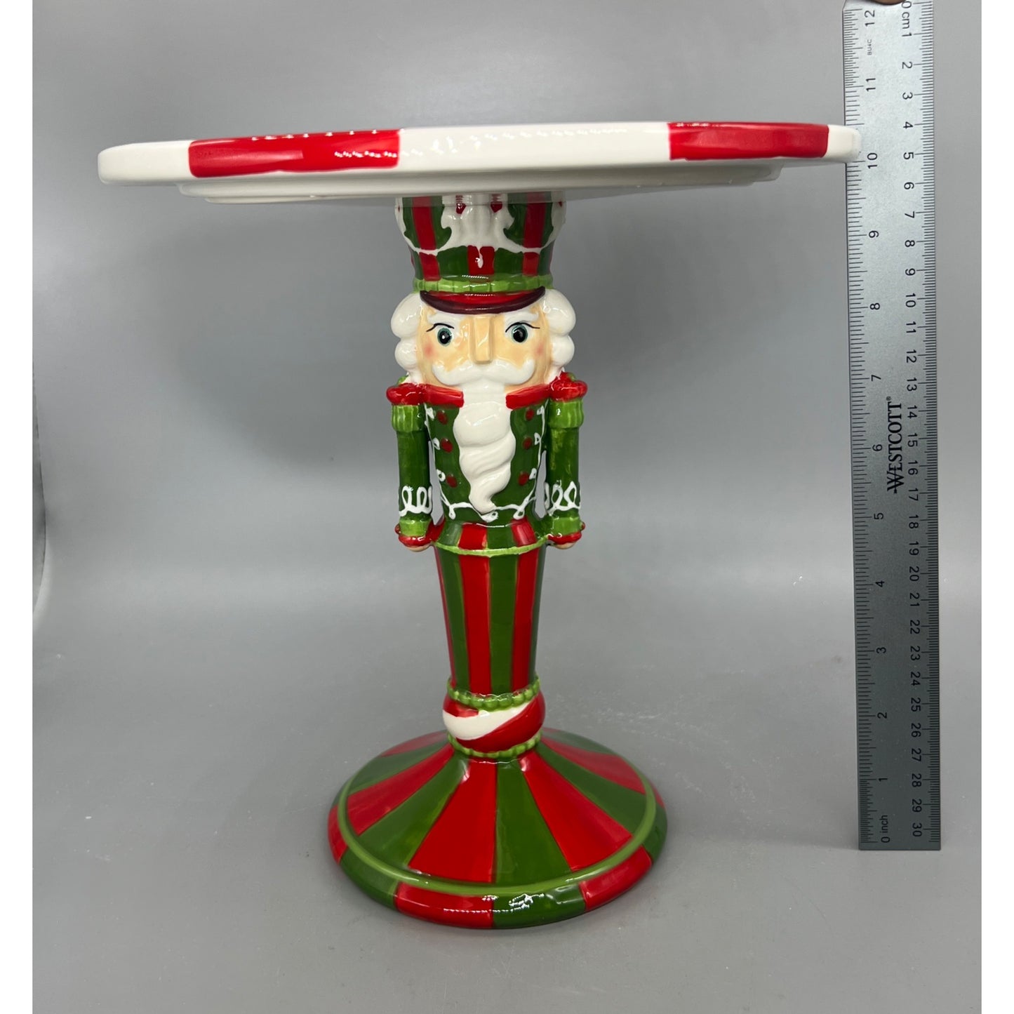 Nutcracker-Themed Ceramic Cake Stand Hand Painted With Peppermint Swirl Plate 10-Inch Diameter