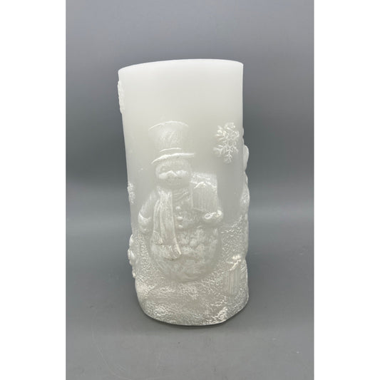 Snowman Embossed LED Flameless Fountain Candle 8" Tall White Frosted Glow Winter Décor Battery Operated