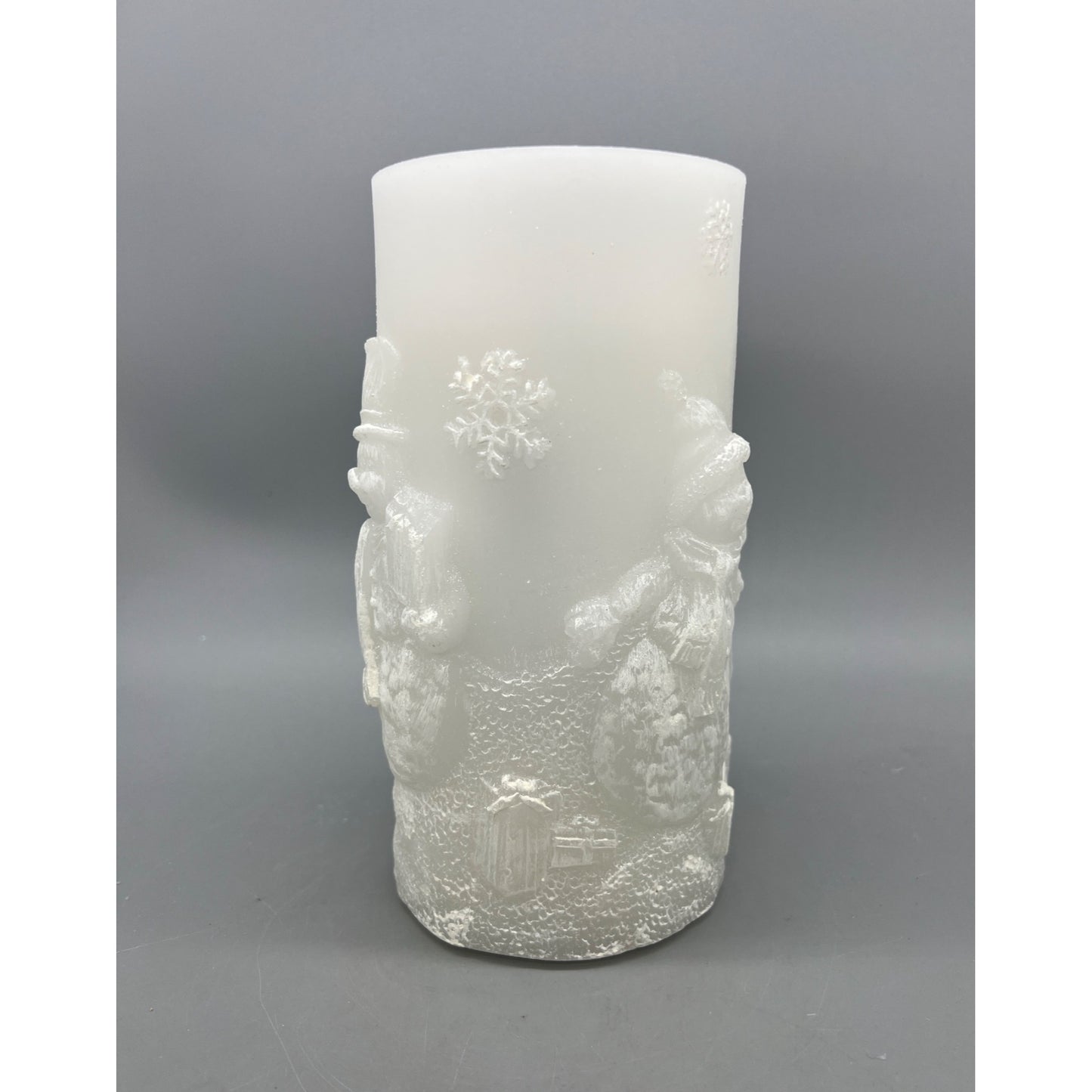 Snowman Embossed LED Flameless Fountain Candle 8" Tall White Frosted Glow Winter Décor Battery Operated