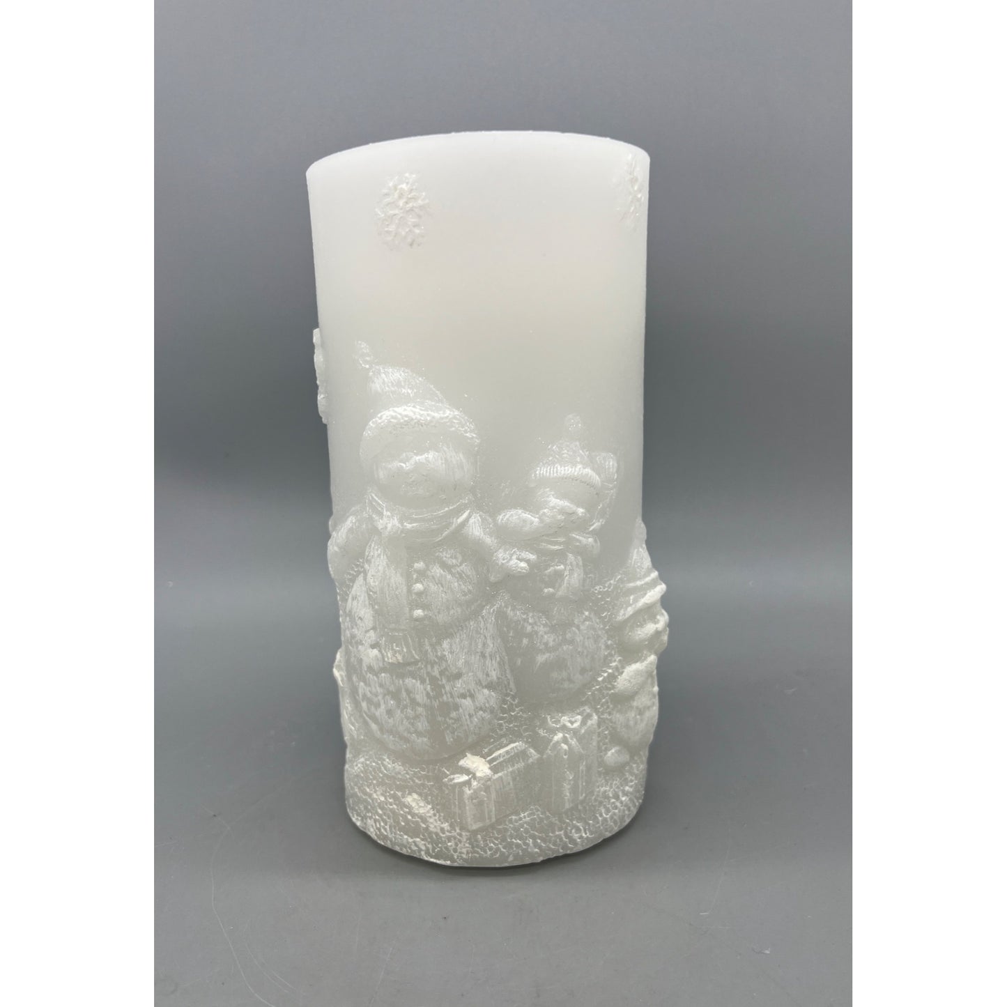 Snowman Embossed LED Flameless Fountain Candle 8" Tall White Frosted Glow Winter Décor Battery Operated