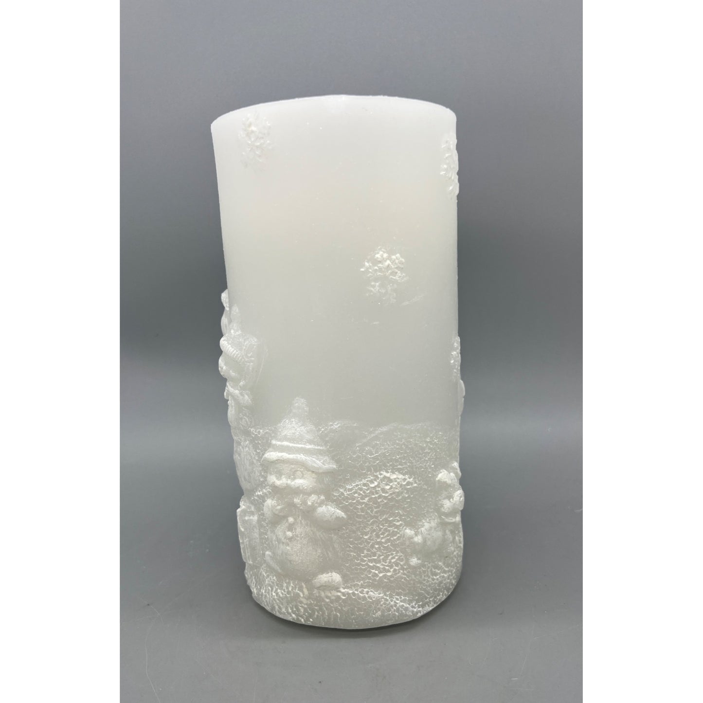 Snowman Embossed LED Flameless Fountain Candle 8" Tall White Frosted Glow Winter Décor Battery Operated