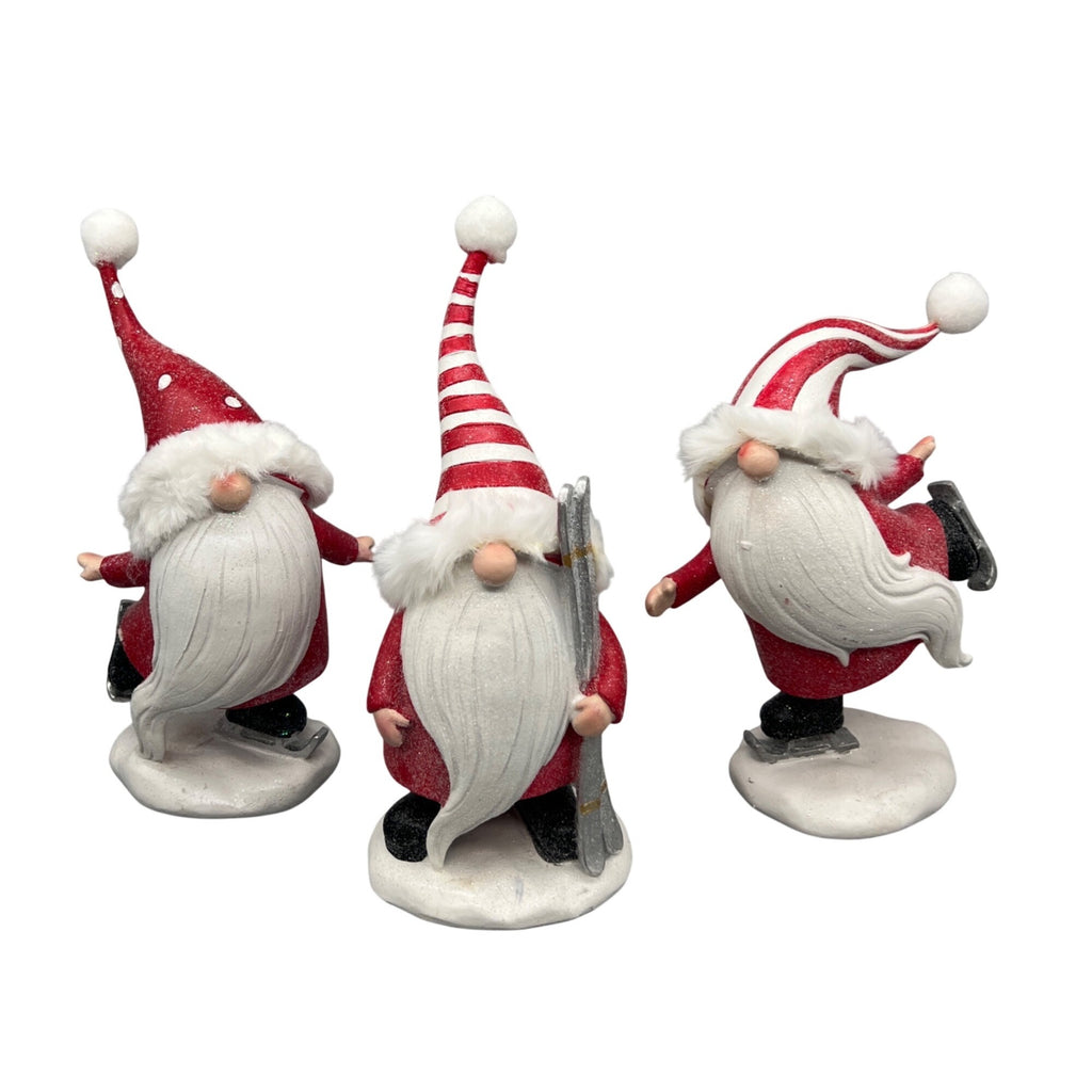 Hand Painted Christmas Ice Skating & Skiing Gnome Resin Figurine – Whimsical Holiday Shelf Decor – Sold Separately