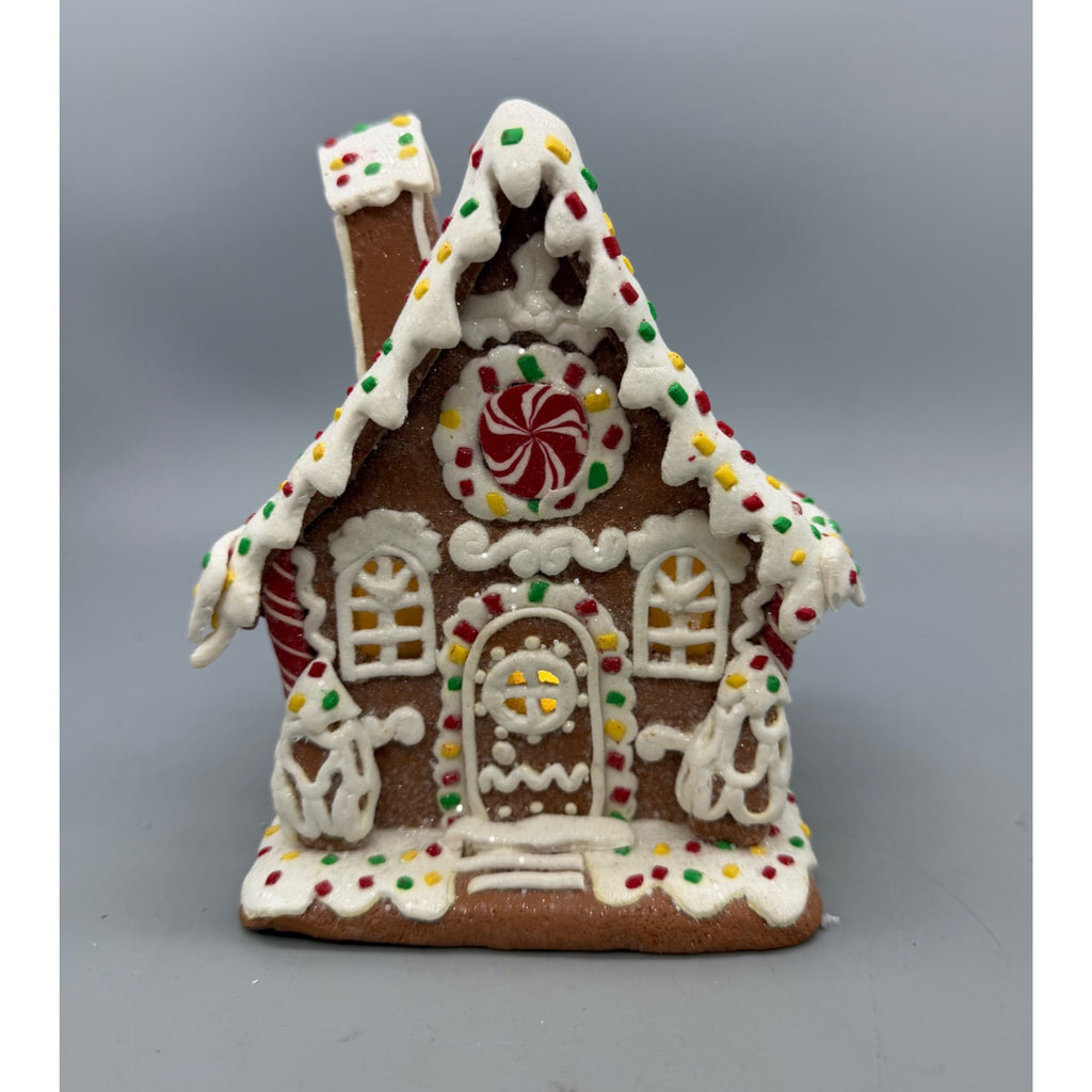 6.5” Lighted Gingerbread House with Peppermint Candy Christmas Holiday Figurine Décor