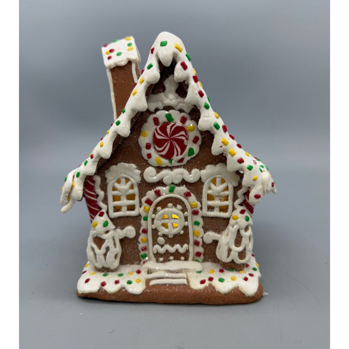6.5” Lighted Gingerbread House with Peppermint Candy Christmas Holiday Figurine Décor