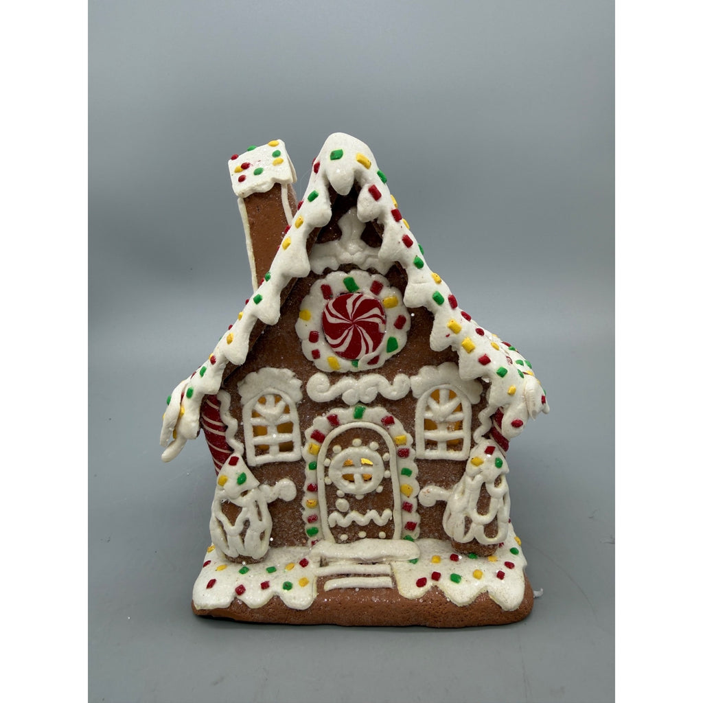 6.5” Lighted Gingerbread House with Peppermint Candy Christmas Holiday Figurine Décor