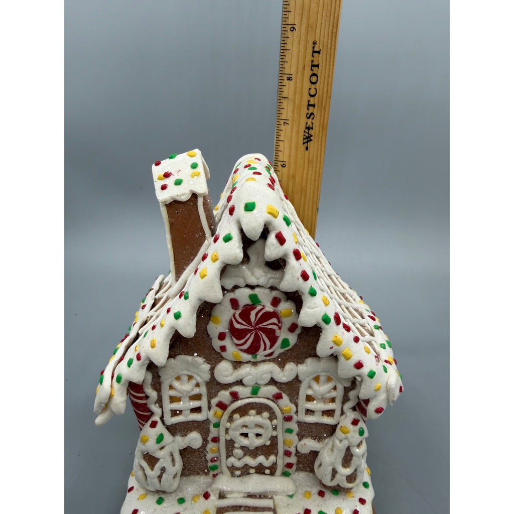 6.5” Lighted Gingerbread House with Peppermint Candy Christmas Holiday Figurine Décor
