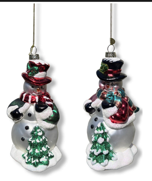 6" Glass Snowman Ornament with Christmas Tree