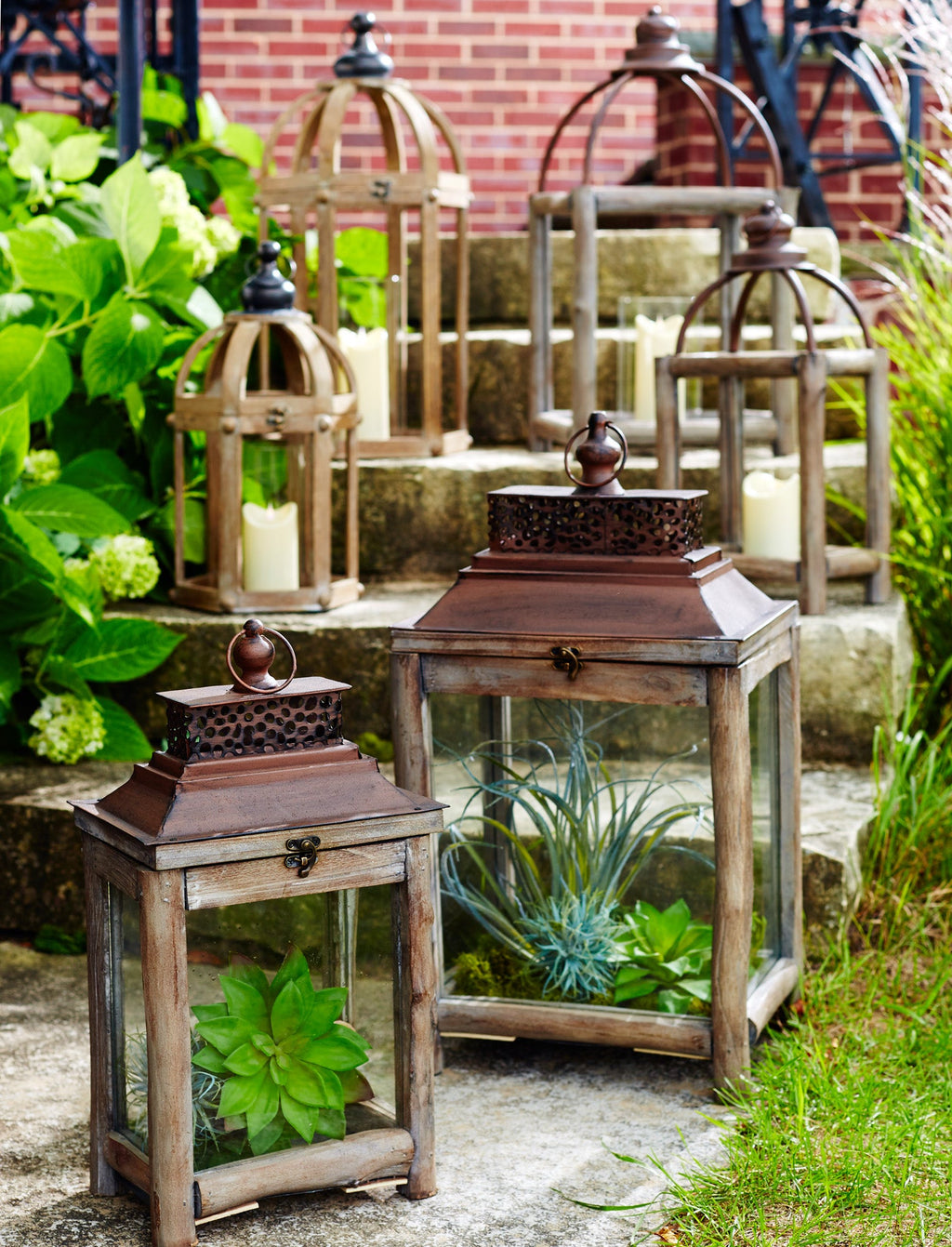 Open Wood Lantern with Glass Hurricane (Set of 2)