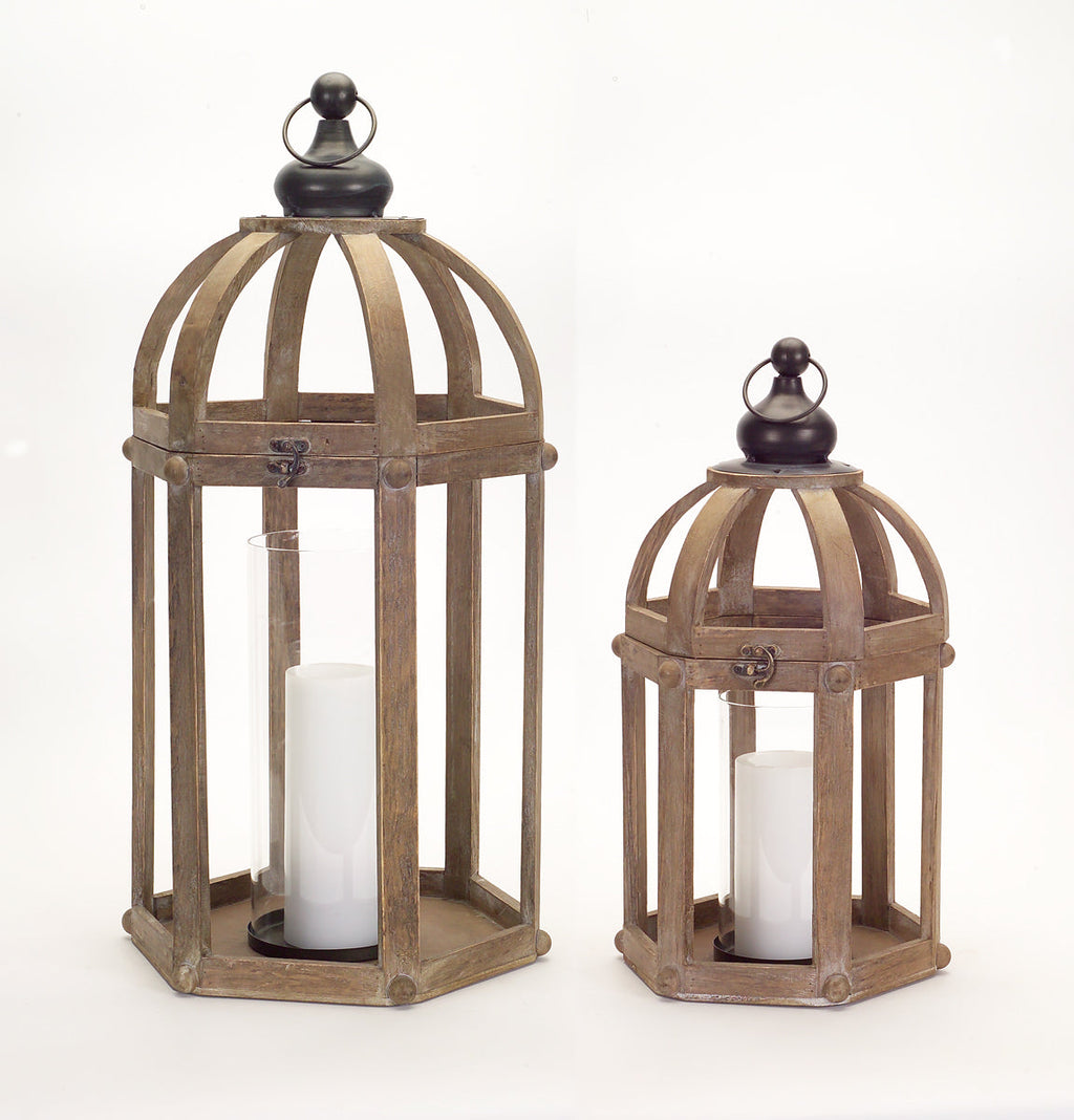 Open Wood Lantern with Glass Hurricane (Set of 2)