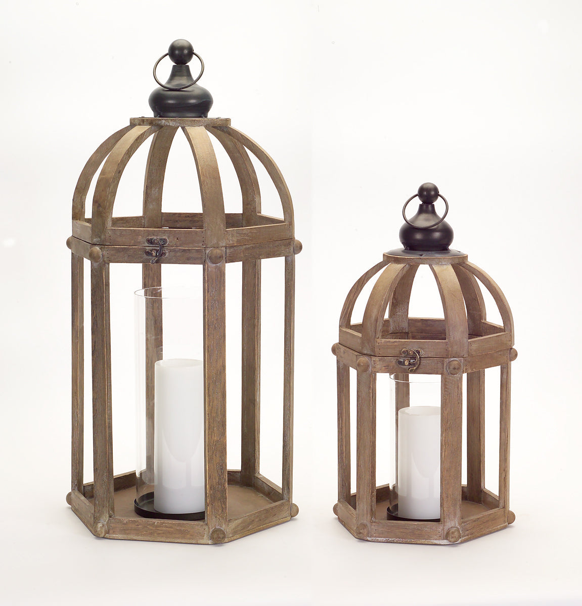 Open Wood Lantern with Glass Hurricane (Set of 2)