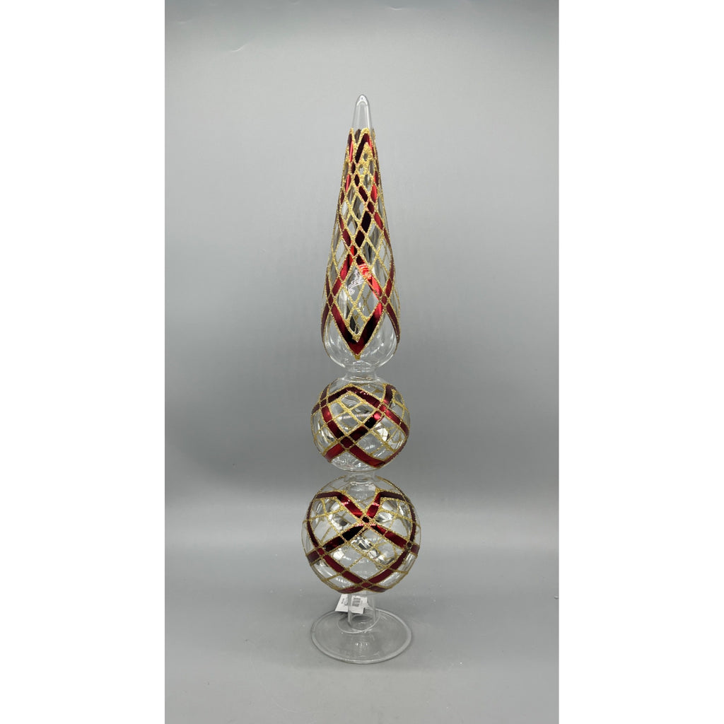 17 Inch Clear Glass Two Ball Finial W/Burgundy & Gold