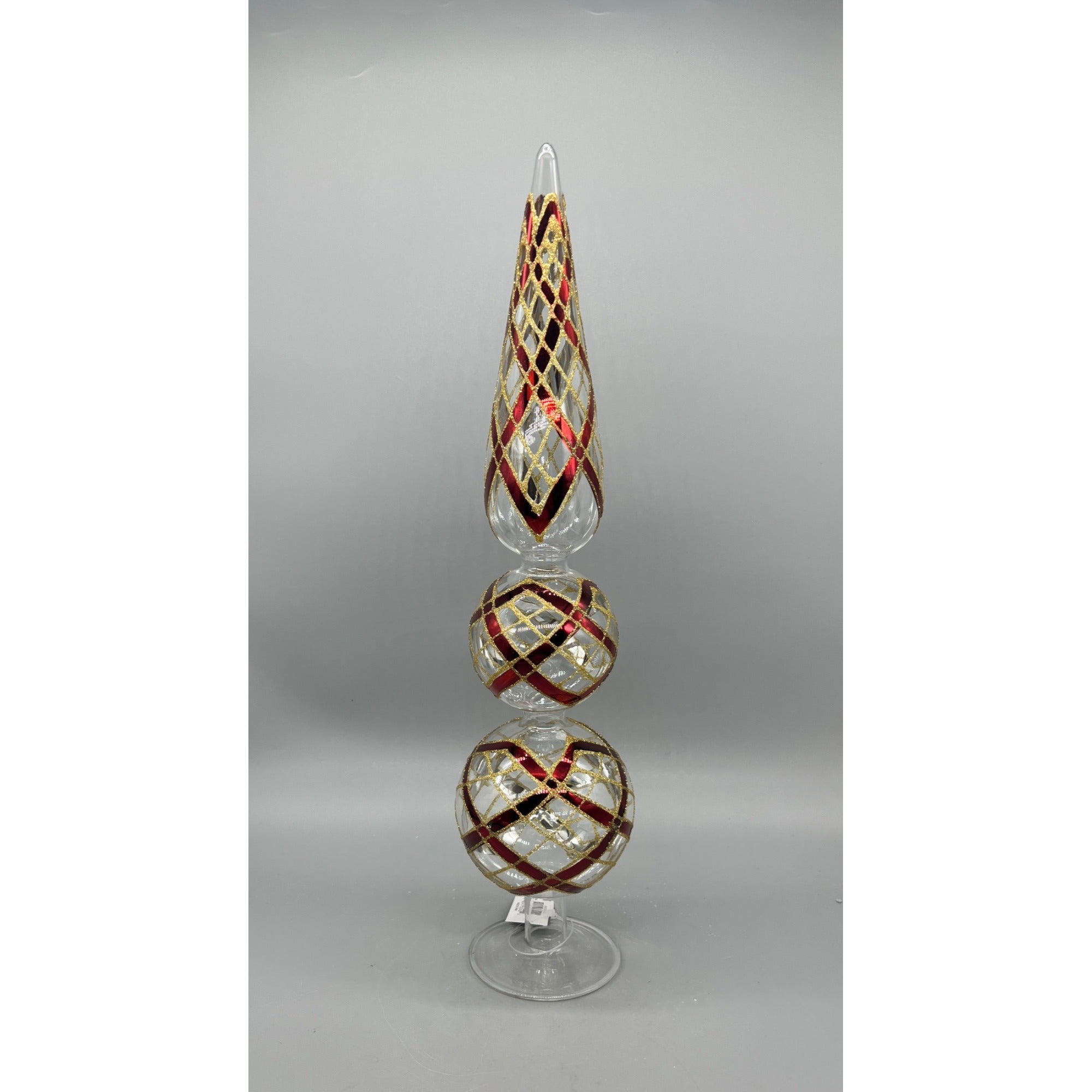 17 Inch Clear Glass Two Ball Finial W/Burgundy & Gold