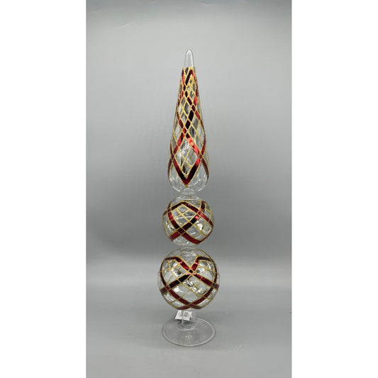 17 Inch Clear Glass Two Ball Finial W/Burgundy & Gold