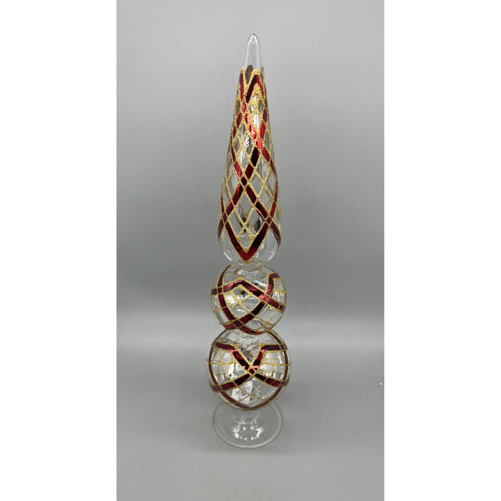 17 Inch Clear Glass Two Ball Finial W/Burgundy & Gold