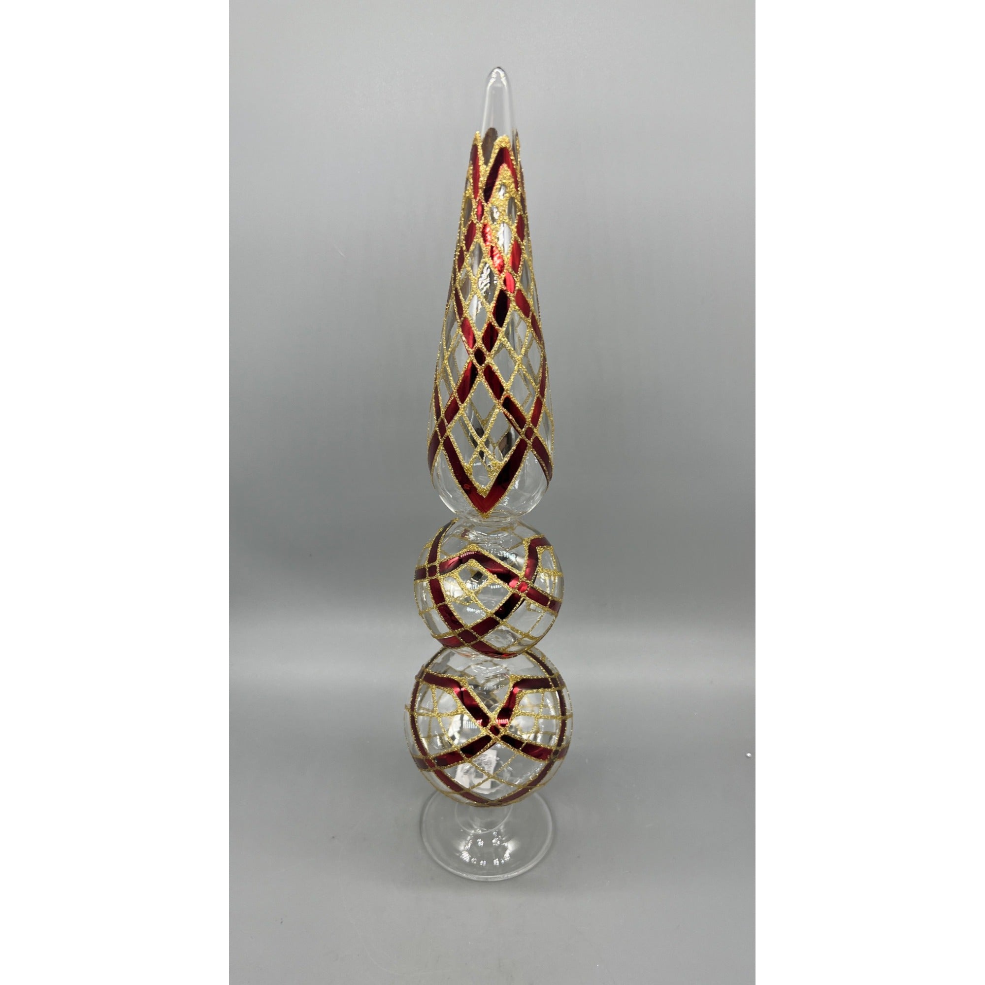 17 Inch Clear Glass Two Ball Finial W/Burgundy & Gold