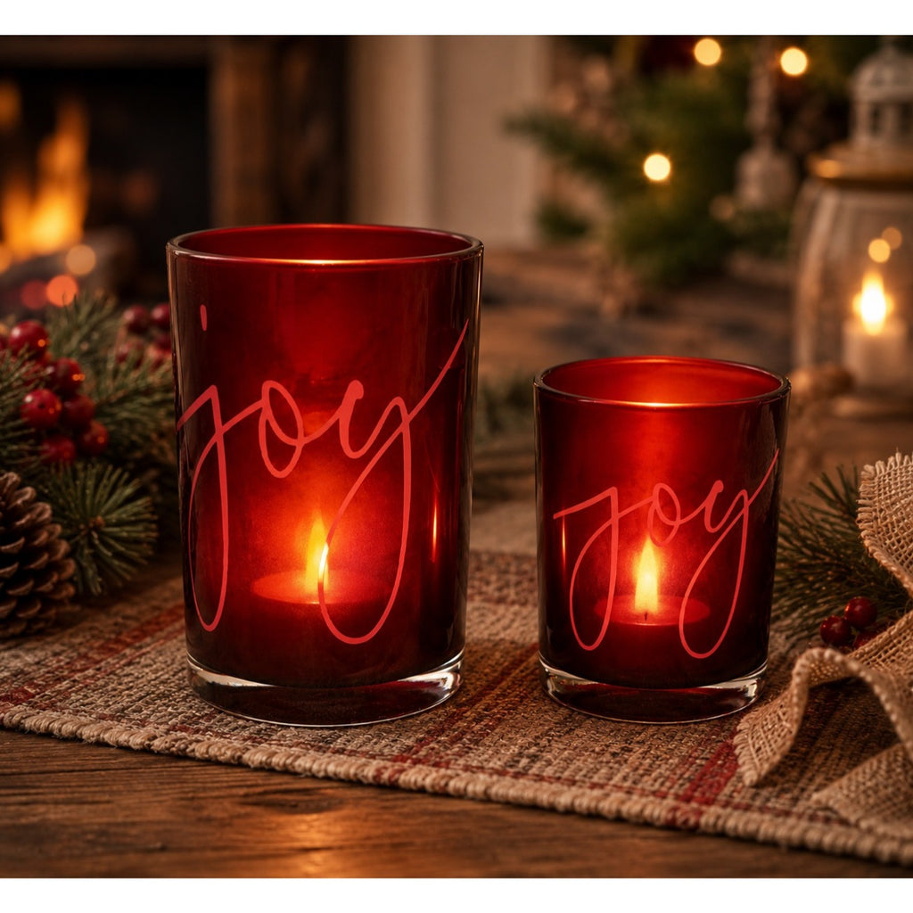 Joy Glass Candle Holder Set, Red Christmas Votive Holders, 5” & 7”
