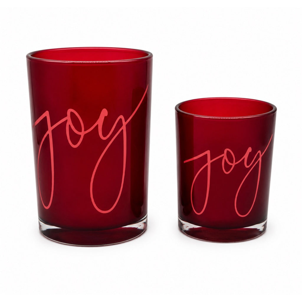 Joy Glass Candle Holder Set, Red Christmas Votive Holders, 5” & 7”