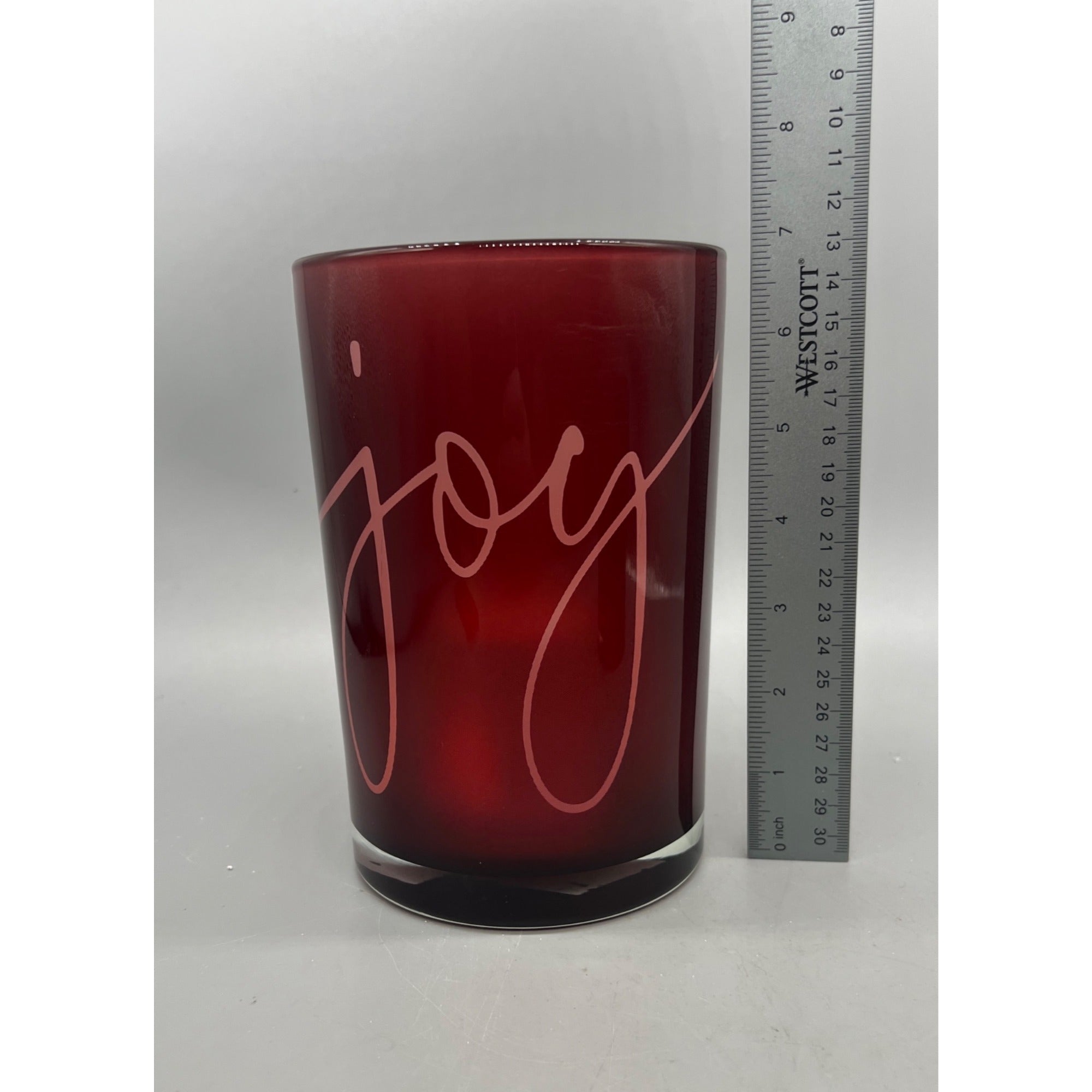Joy Glass Candle Holder Set, Red Christmas Votive Holders, 5” & 7”
