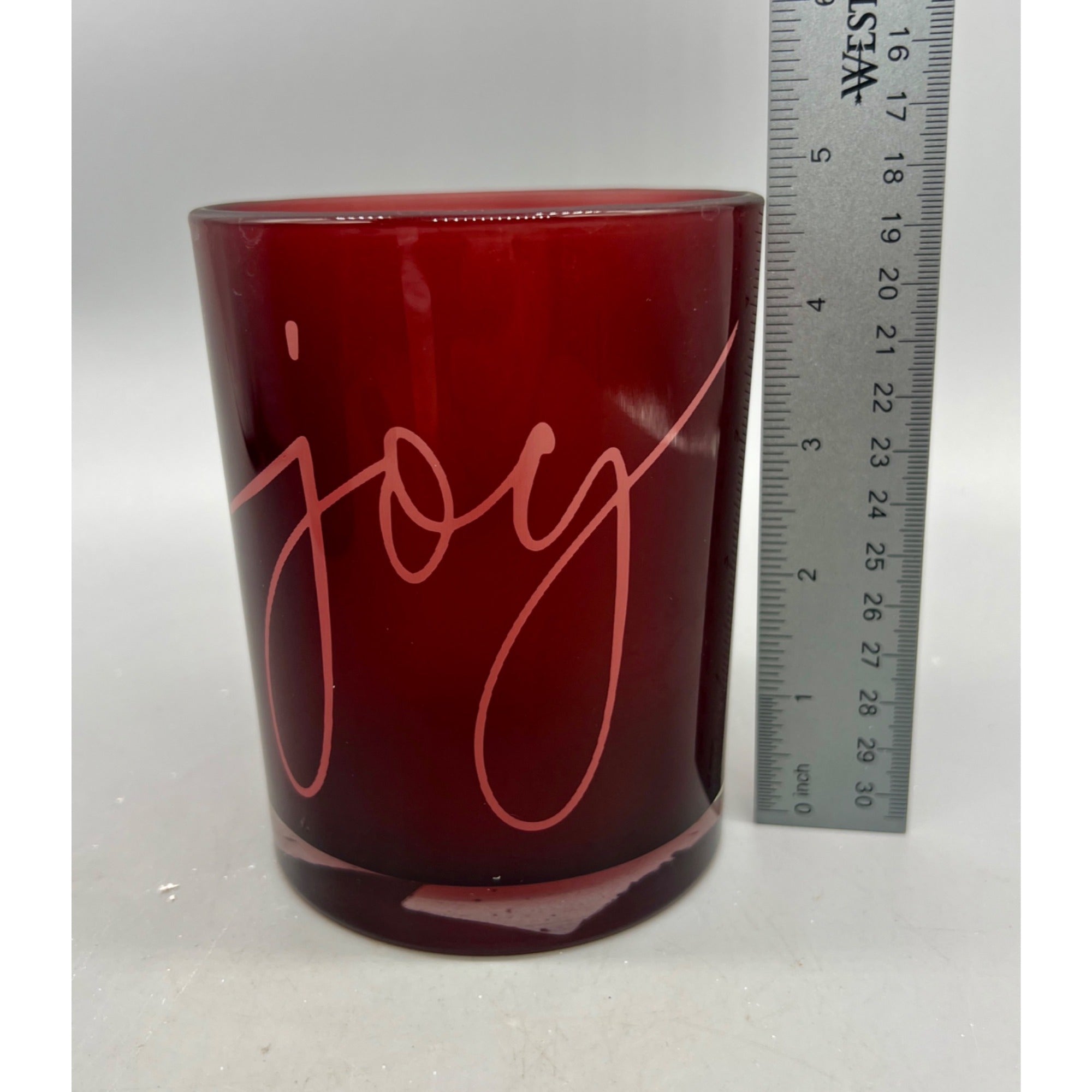 Joy Glass Candle Holder Set, Red Christmas Votive Holders, 5” & 7”