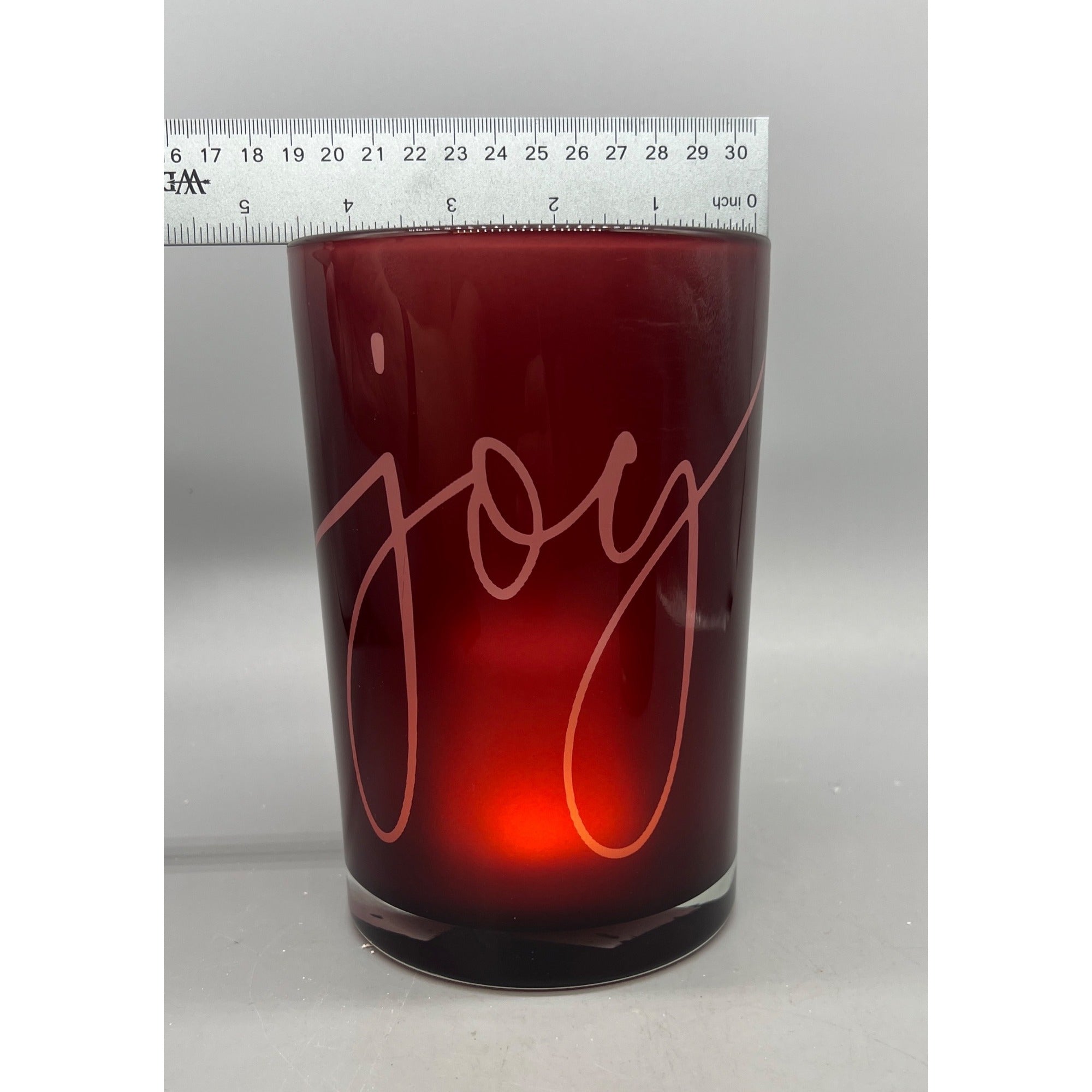 Joy Glass Candle Holder Set, Red Christmas Votive Holders, 5” & 7”