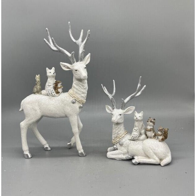 Hand Decorated White Christmas Reindeer Figurine with Woodland Animals – Holiday Tabletop Decor (Sold Seperately)