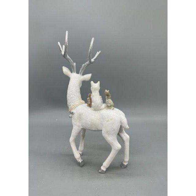 Hand Decorated White Christmas Reindeer Figurine with Woodland Animals – Holiday Tabletop Decor (Sold Seperately)