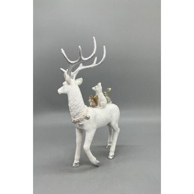 Hand Decorated White Christmas Reindeer Figurine with Woodland Animals – Holiday Tabletop Decor (Sold Seperately)