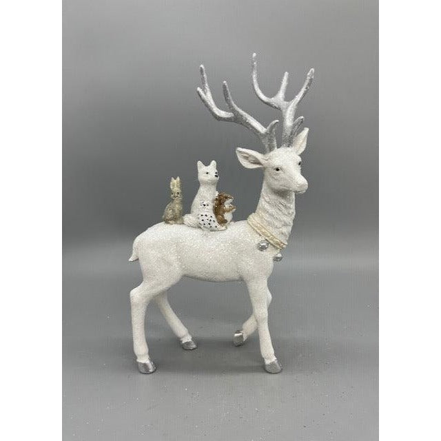 Hand Decorated White Christmas Reindeer Figurine with Woodland Animals – Holiday Tabletop Decor (Sold Seperately)