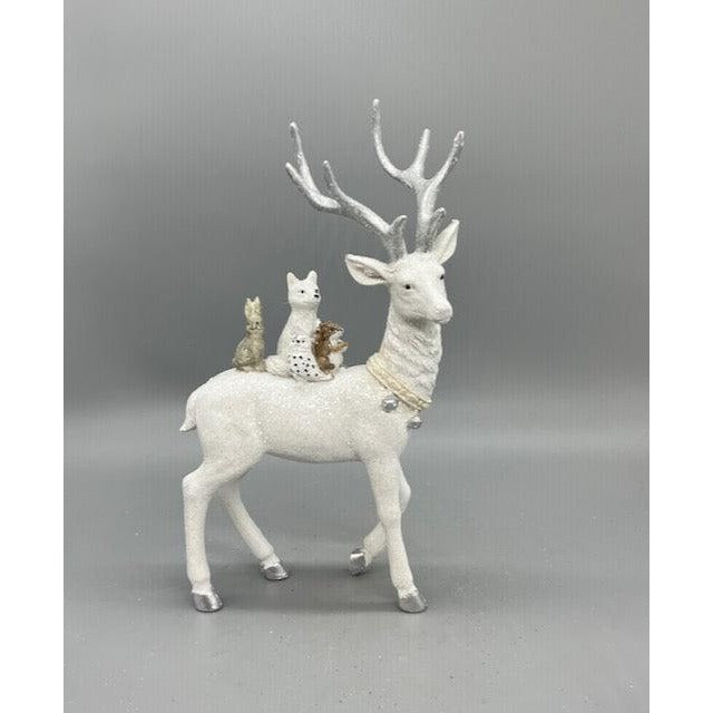 Hand Decorated White Christmas Reindeer Figurine with Woodland Animals – Holiday Tabletop Decor (Sold Seperately)