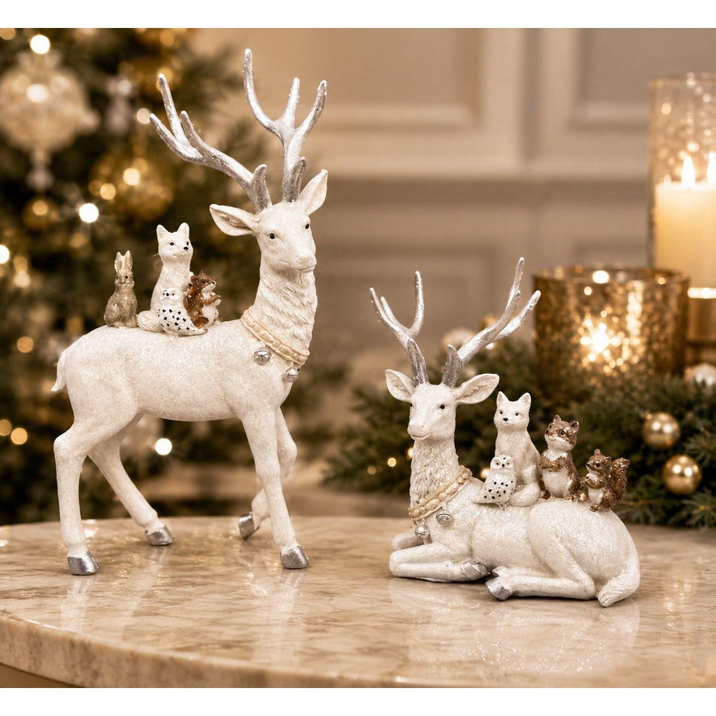 Hand Decorated White Christmas Reindeer Figurine with Woodland Animals – Holiday Tabletop Decor (Sold Seperately)