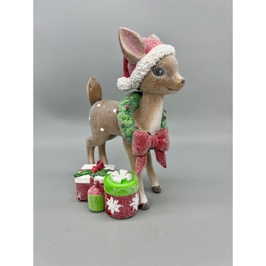 Vintage-Inspired 9" Standing Deer Figurine With Santa Hat Wreath & Bow Glitter Finish Holiday Gift Decorations