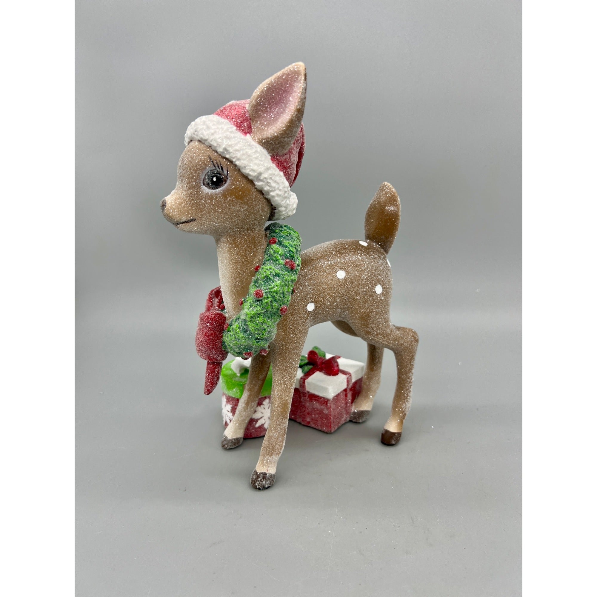 Vintage-Inspired 9" Standing Deer Figurine With Santa Hat Wreath & Bow Glitter Finish Holiday Gift Decorations