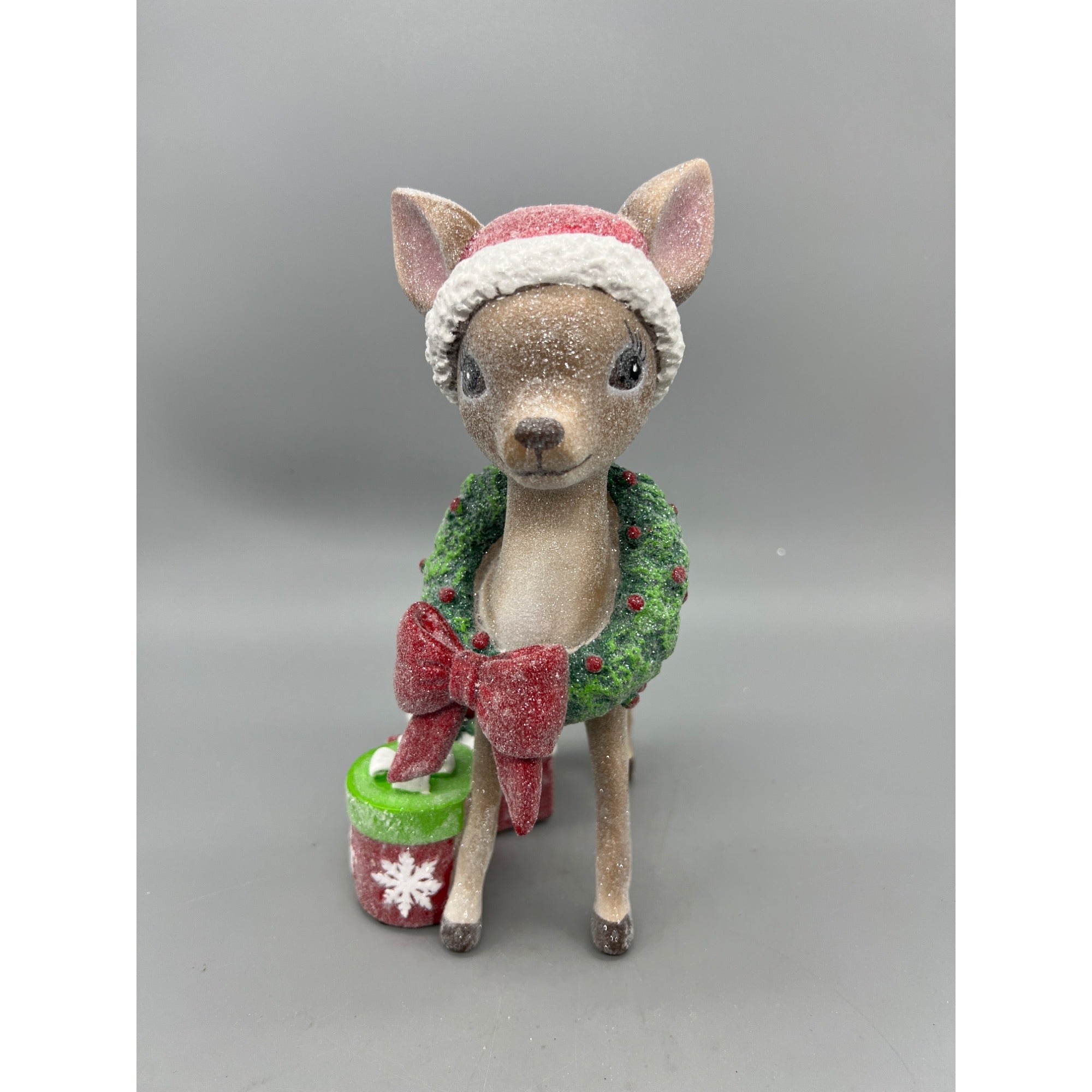 Vintage-Inspired 9" Standing Deer Figurine With Santa Hat Wreath & Bow Glitter Finish Holiday Gift Decorations