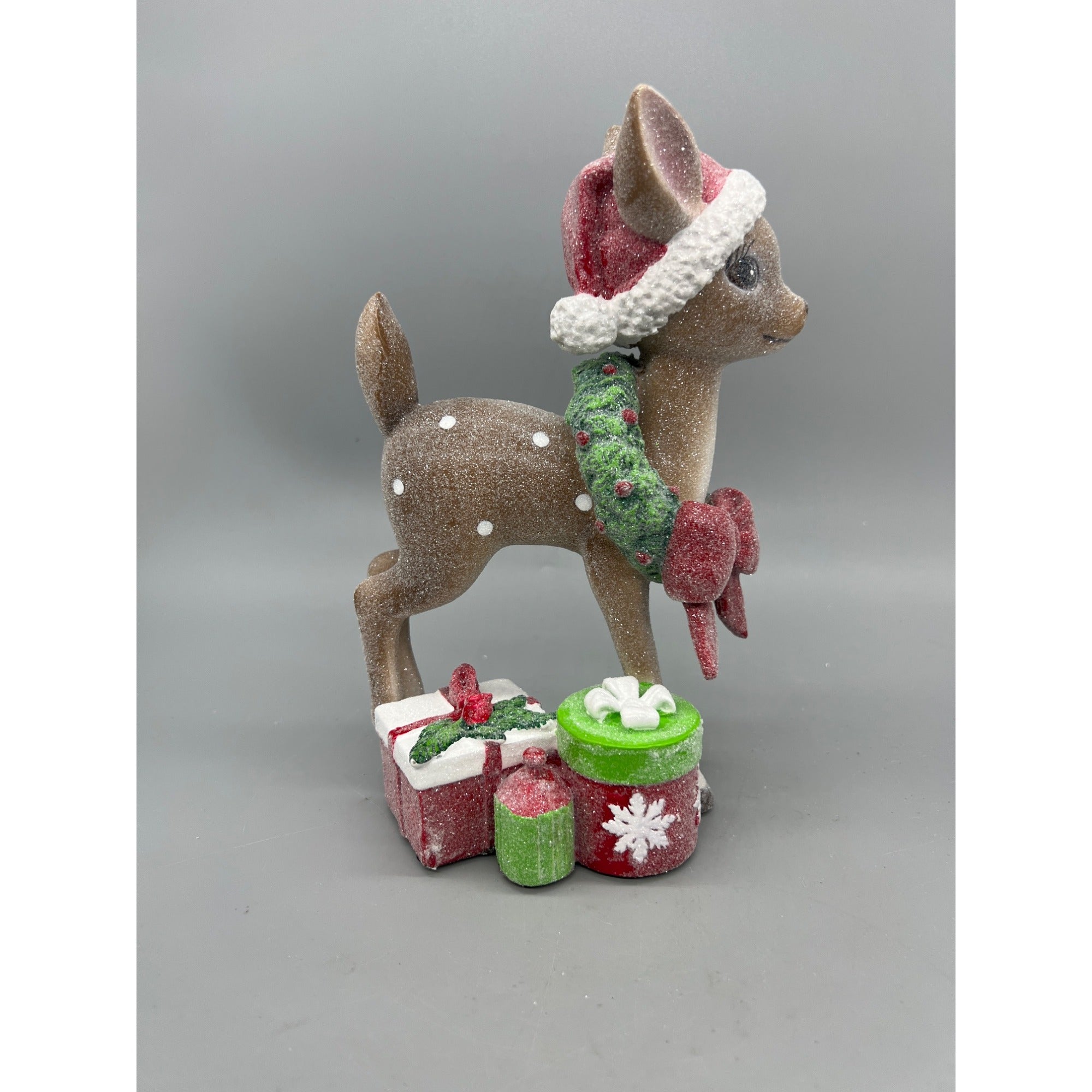 Vintage-Inspired 9" Standing Deer Figurine With Santa Hat Wreath & Bow Glitter Finish Holiday Gift Decorations