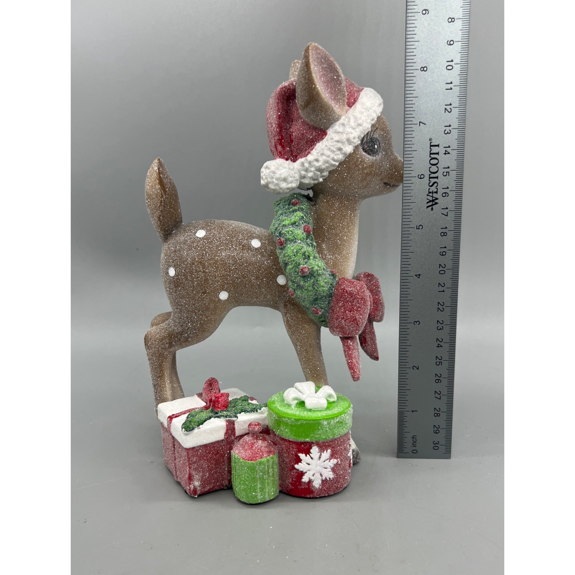 Vintage-Inspired 9" Standing Deer Figurine With Santa Hat Wreath & Bow Glitter Finish Holiday Gift Decorations