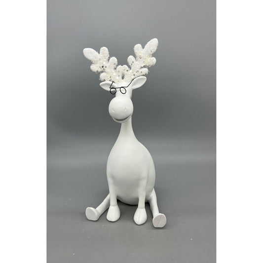 White Moose Figurine With Glasses & Glittered Antlers Hand Decorated 11.5”