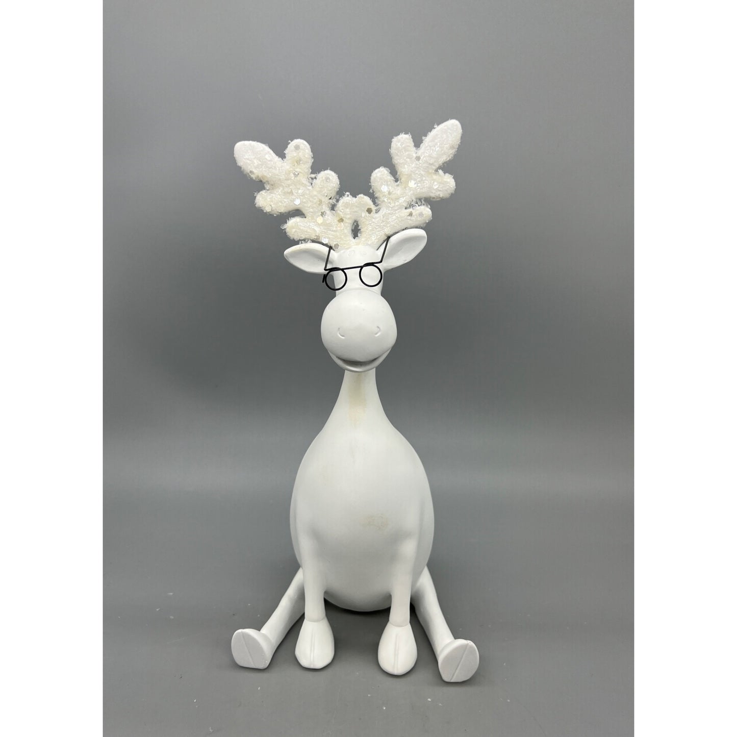 White Moose Figurine With Glasses & Glittered Antlers Hand Decorated 11.5”