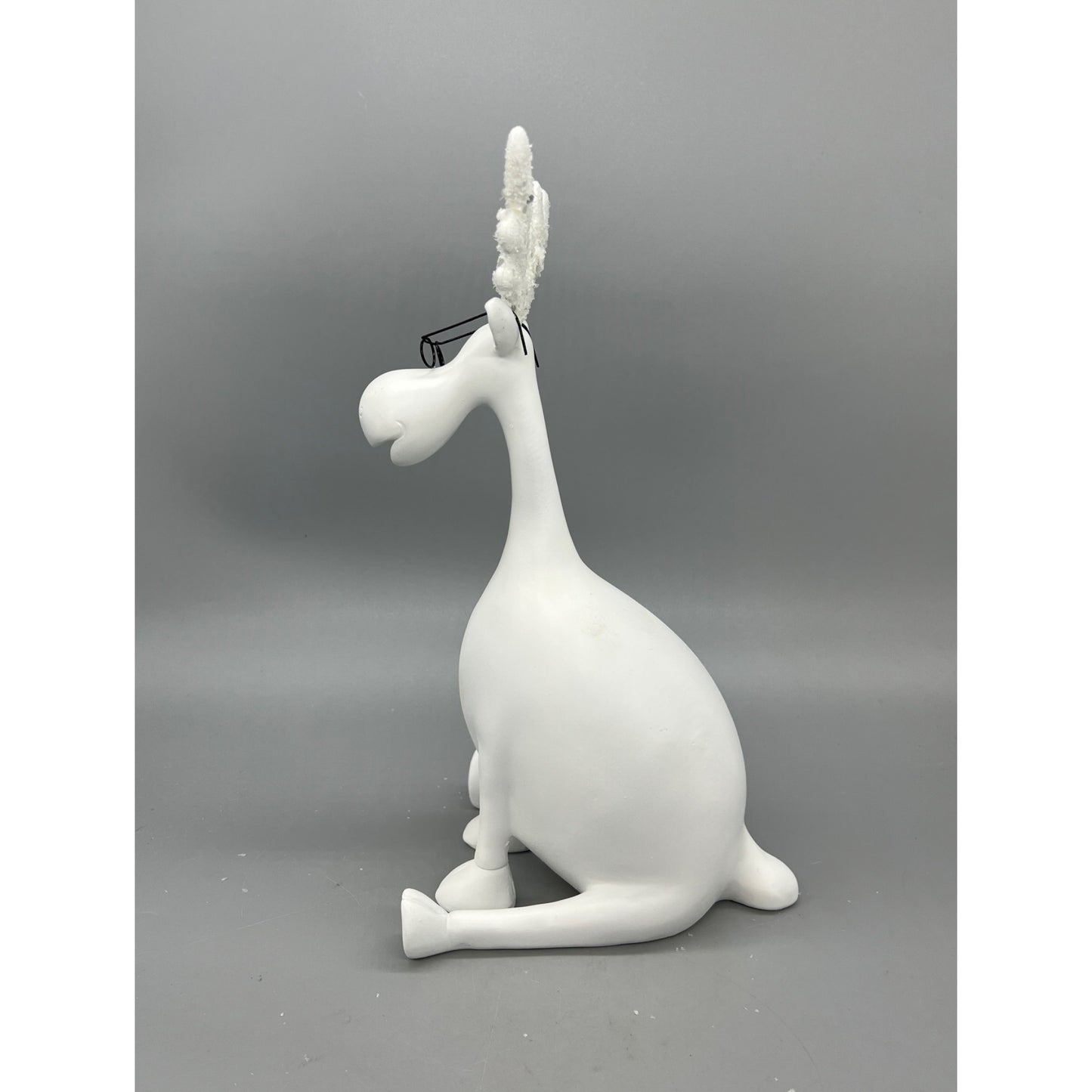 White Moose Figurine With Glasses & Glittered Antlers Hand Decorated 11.5”