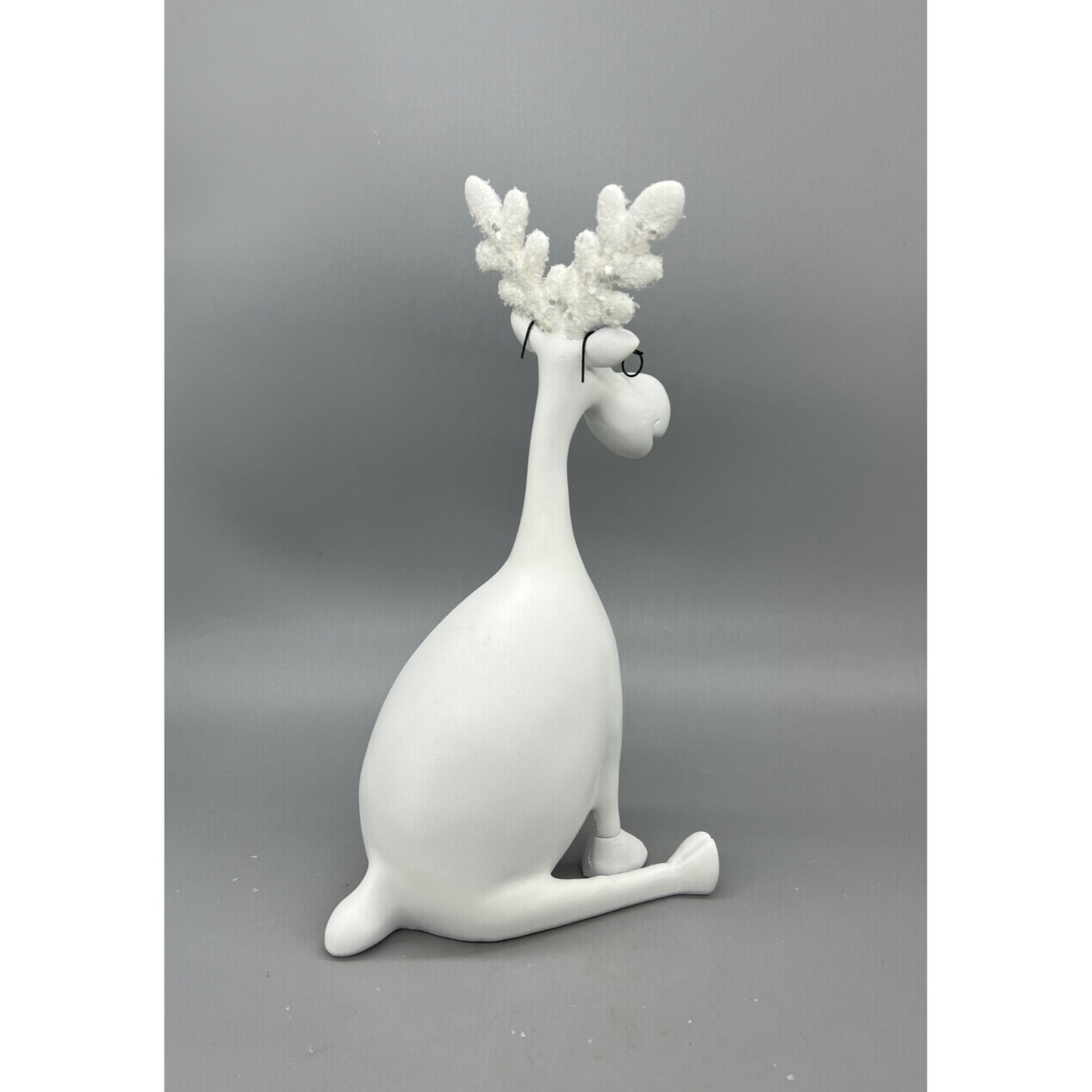 White Moose Figurine With Glasses & Glittered Antlers Hand Decorated 11.5”