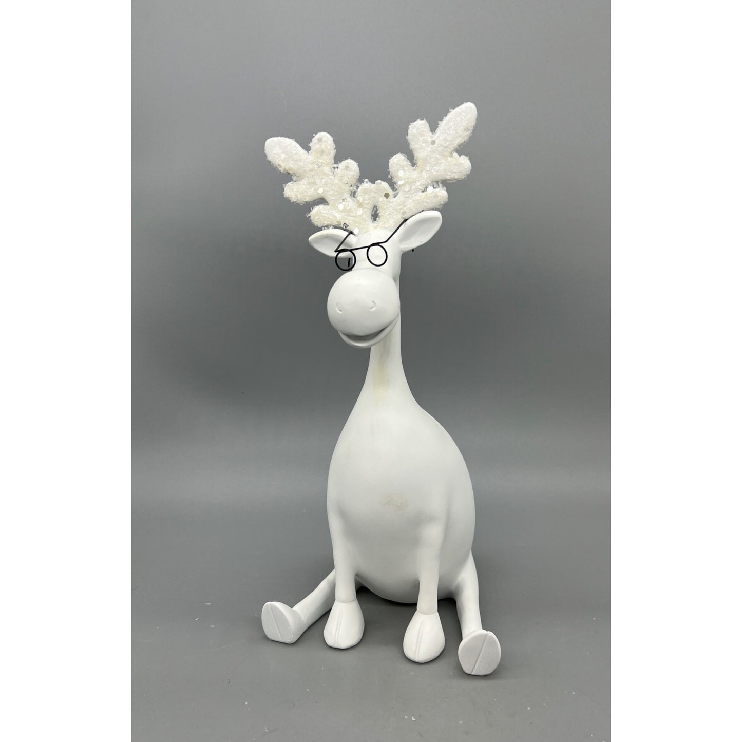 White Moose Figurine With Glasses & Glittered Antlers Hand Decorated 11.5”