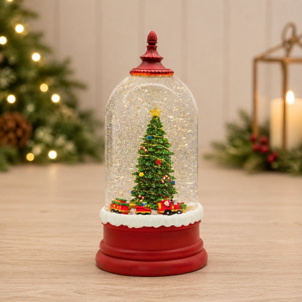 LED Snow Globe Bell Jar with Christmas Tree Scene 10.5"H