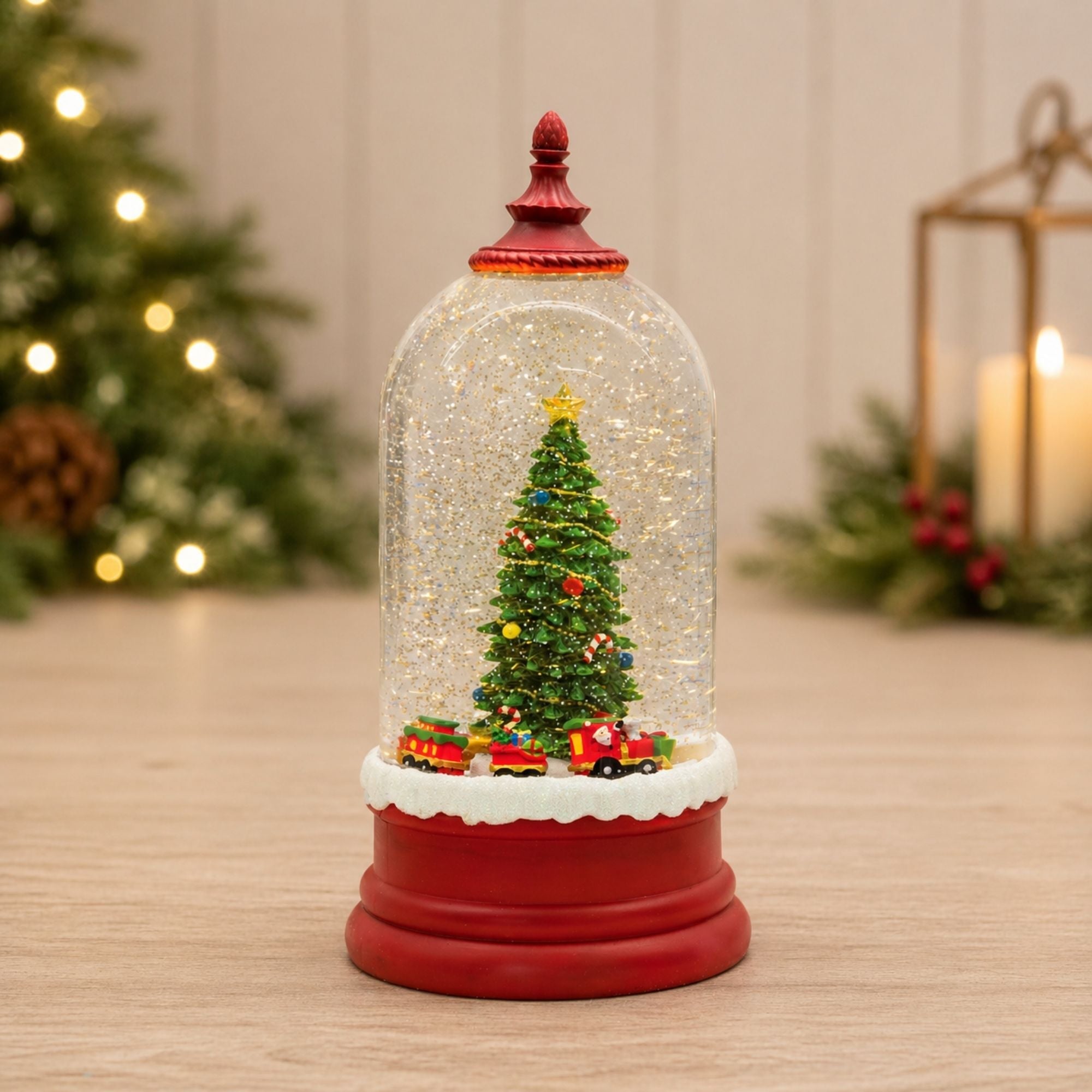 LED Snow Globe Bell Jar with Christmas Tree Scene 10.5"H