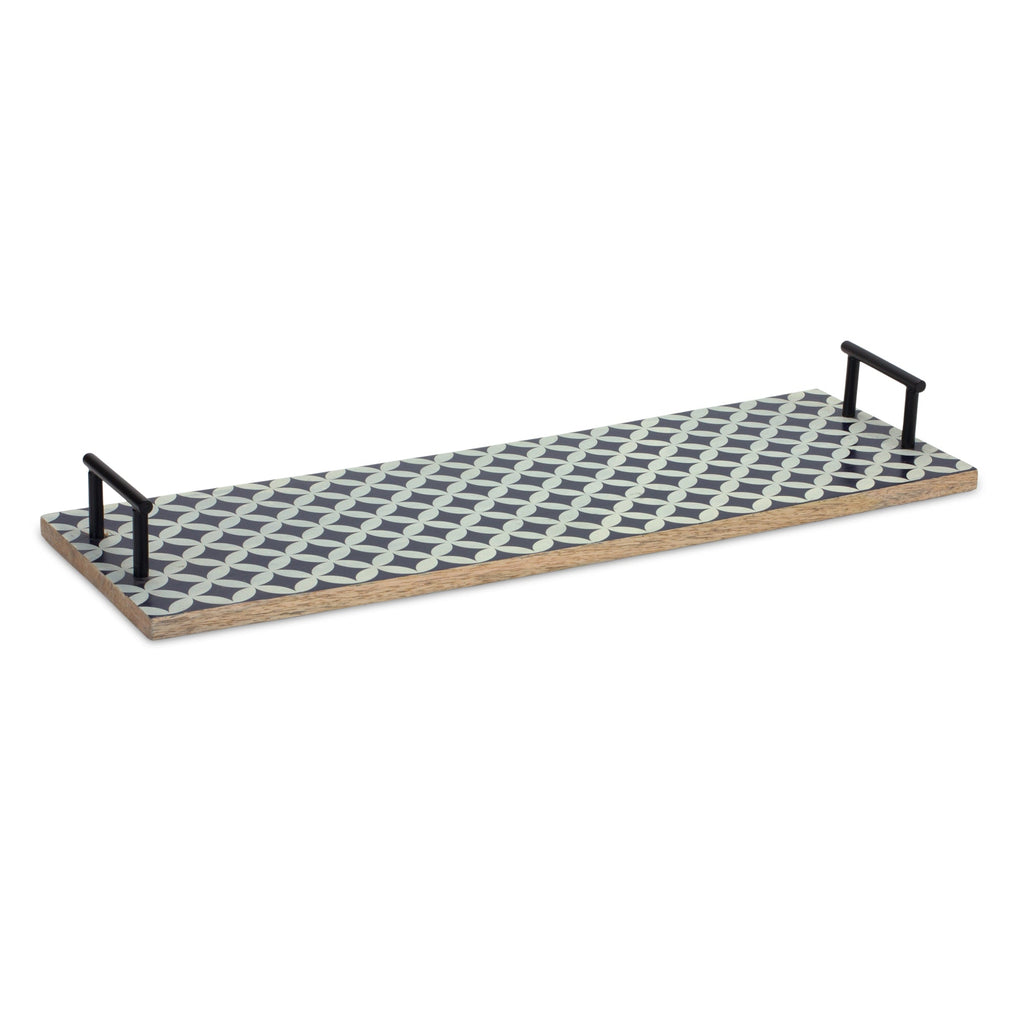 Mango Wood Tray with Geometric Design and Metal Handle Accents (Set of 2)