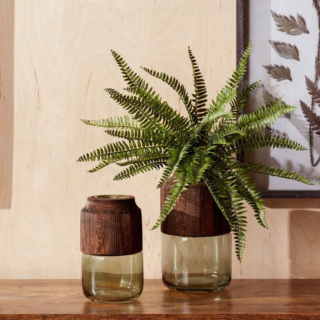 Sage Glass Vase with Wood Accent 11"H